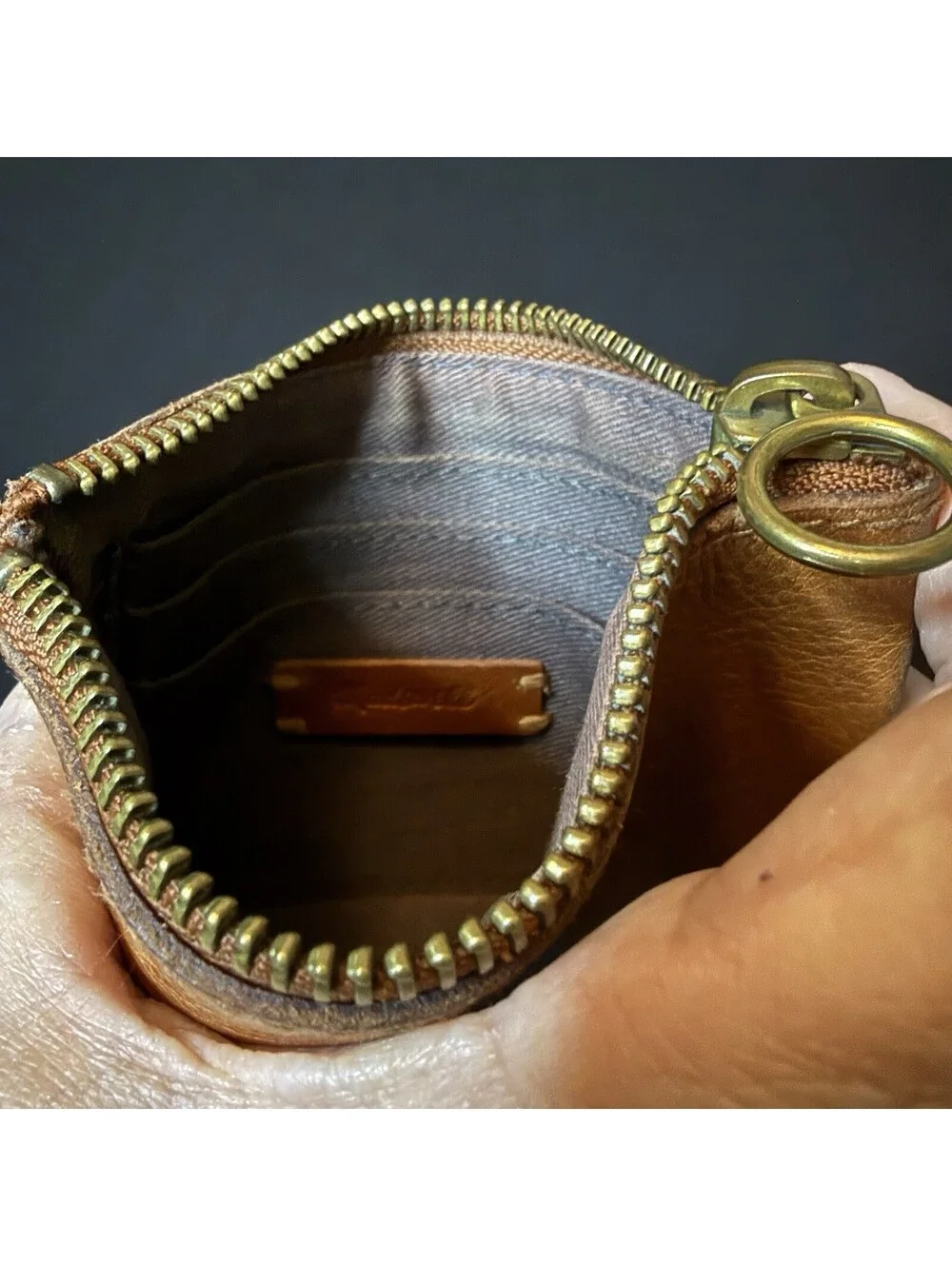 ￼Madewell Leather Zipped Wallet 3 Card HolderCognac Brown Coin Purse YT-1059